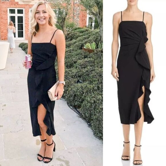 Bardot Carmelle Midi Dress Black Side Slit Ruffle Sleeveless Revolve Size 8 - Picture 1 of 12
